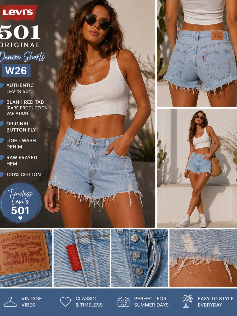 Levi’s 501 Original Denim Shorts Blank Red Tab Frayed Hem Light Wash W26